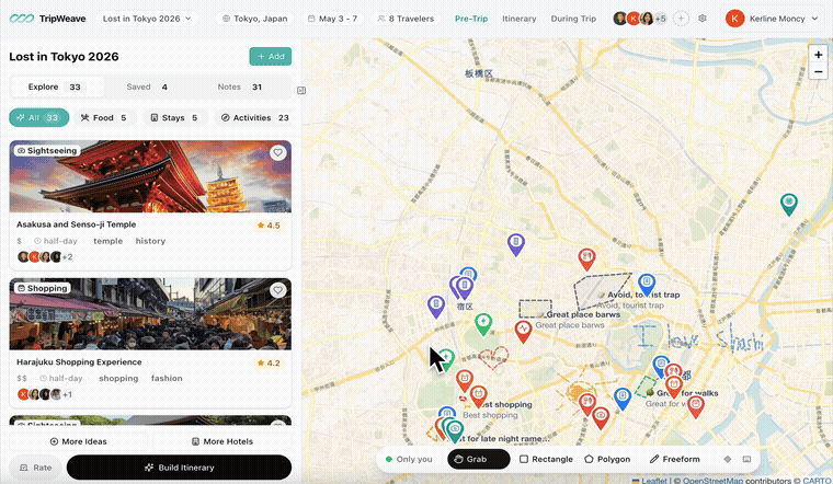 Animated gif of the TripWeave app in use