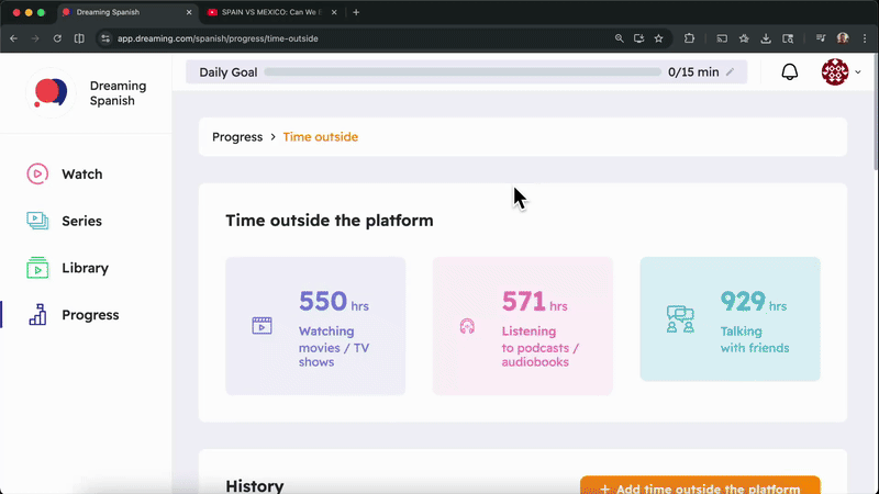 Animated gif showing usage of the Content Logger for Dreaming Spanish Chrome Extension