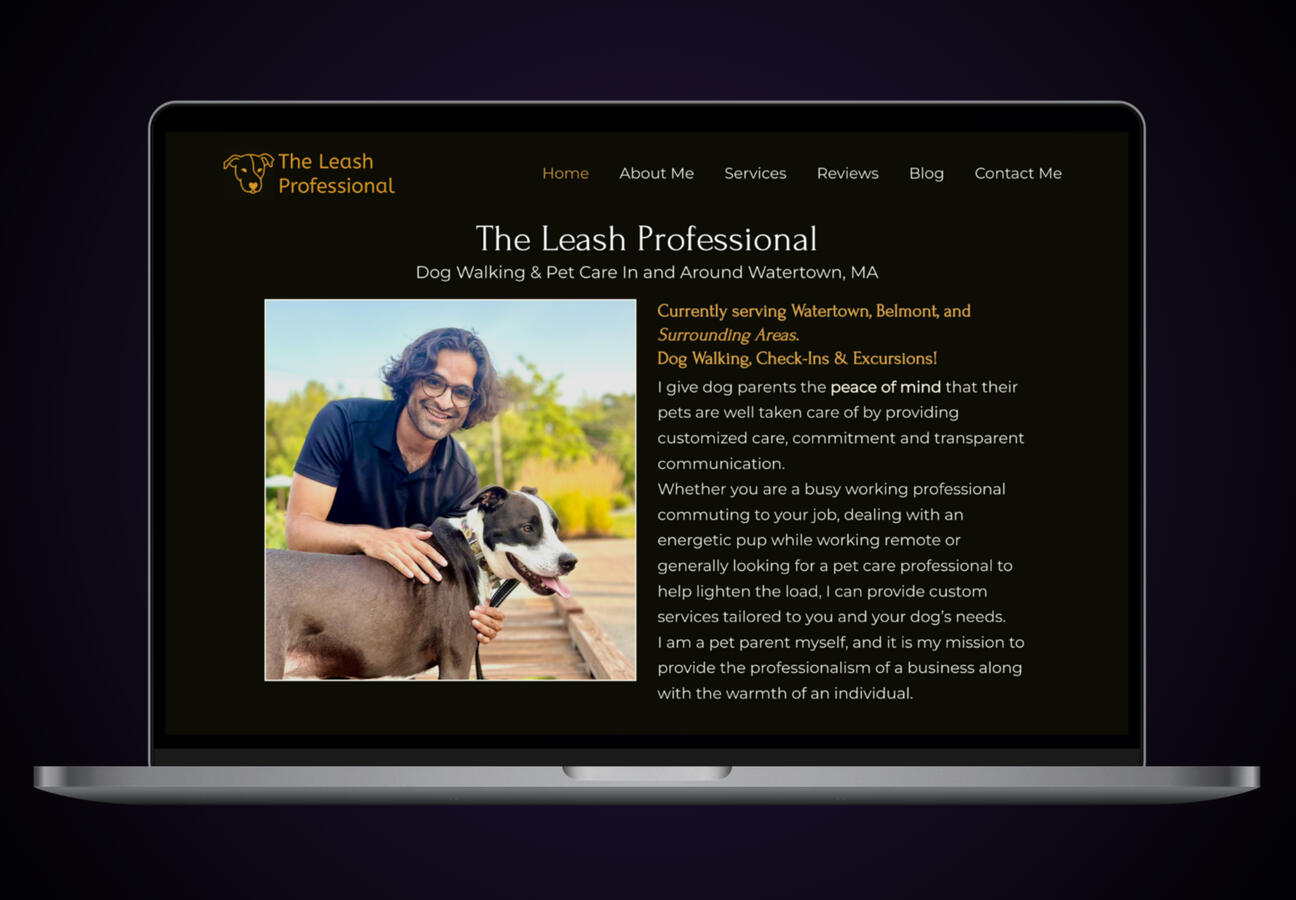 A macbook laptop displaying The Leash Professional website landing page