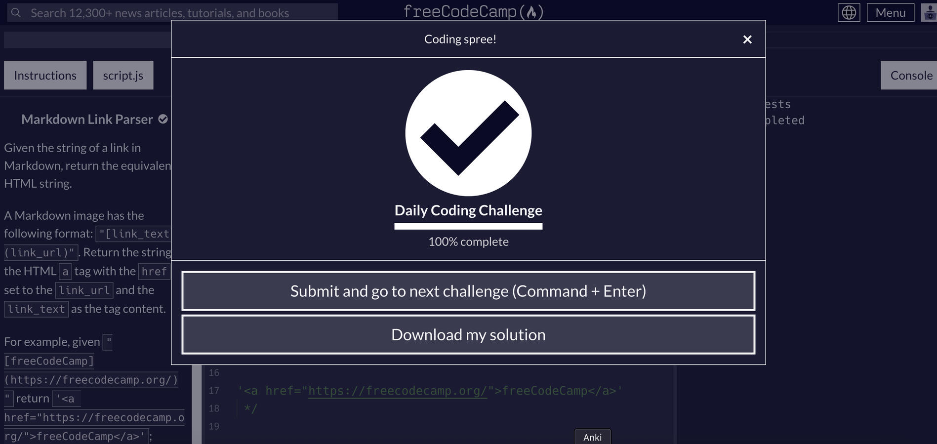 Screenshot of a successful code solution modal on freeCodeCamp